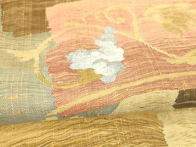 平和屋着物▽両面 太鼓柄袋帯 スリーシーズン 春夏秋 すくい織 花唐草文 間道 金糸 正絹 逸品 DABD6934cm
