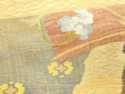 平和屋着物▽両面 太鼓柄袋帯 スリーシーズン 春夏秋 すくい織 花唐草文 間道 金糸 正絹 逸品 DABD6934cm