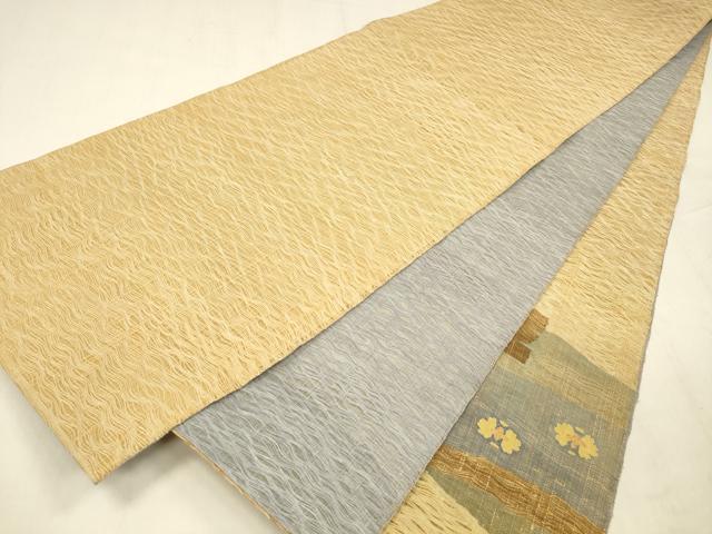 平和屋着物▽両面 太鼓柄袋帯 スリーシーズン 春夏秋 すくい織 花唐草文 間道 金糸 正絹 逸品 DABD6934cm