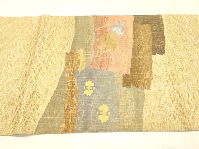 平和屋着物▽両面 太鼓柄袋帯 スリーシーズン 春夏秋 すくい織 花唐草文 間道 金糸 正絹 逸品 DABD6934cm