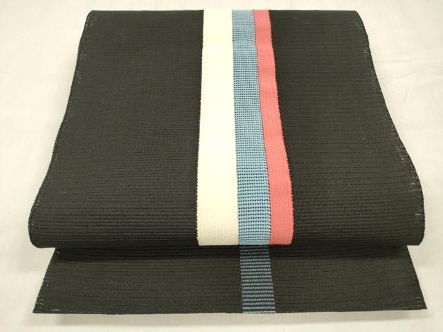 平和屋着物＊夏物 絽綴れ 八寸名古屋帯 間道 黒地 正絹 逸品 DABD6936cm