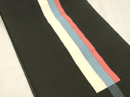 平和屋着物＊夏物 絽綴れ 八寸名古屋帯 間道 黒地 正絹 逸品 DABD6936cm
