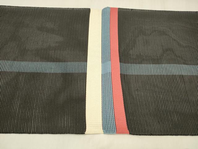 平和屋着物＊夏物 絽綴れ 八寸名古屋帯 間道 黒地 正絹 逸品 DABD6936cm