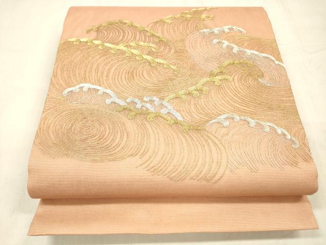 平和屋着物＊夏物 太鼓柄袋帯 総刺繍 流水文 金銀糸 正絹 逸品 DABD6939cm
