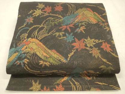 平和屋着物＊夏物 八寸名古屋帯 遠山竜田川 黒地 金糸 正絹 逸品 DABD6941cm