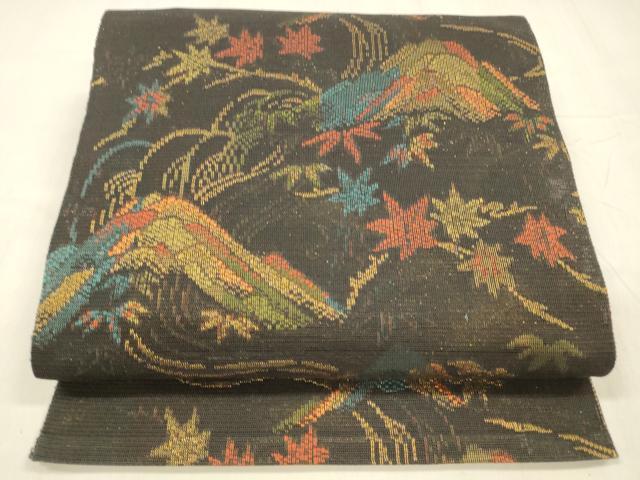 平和屋着物＊夏物 八寸名古屋帯 遠山竜田川 黒地 金糸 正絹 逸品 DABD6941cm