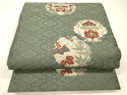 平和屋着物▽六通柄袋帯　スリーシーズン　春夏秋　唐織　向かい鳥草花文　正絹　逸品　DABD6945cm