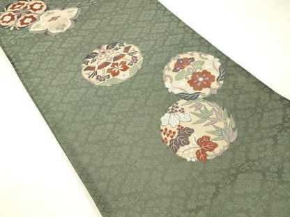 平和屋着物▽六通柄袋帯　スリーシーズン　春夏秋　唐織　向かい鳥草花文　正絹　逸品　DABD6945cm