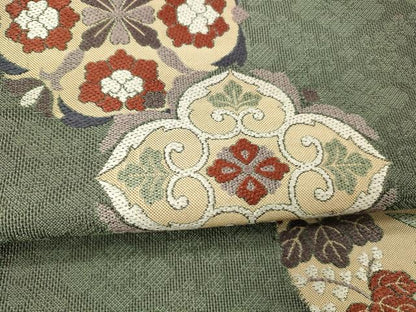 平和屋着物▽六通柄袋帯　スリーシーズン　春夏秋　唐織　向かい鳥草花文　正絹　逸品　DABD6945cm
