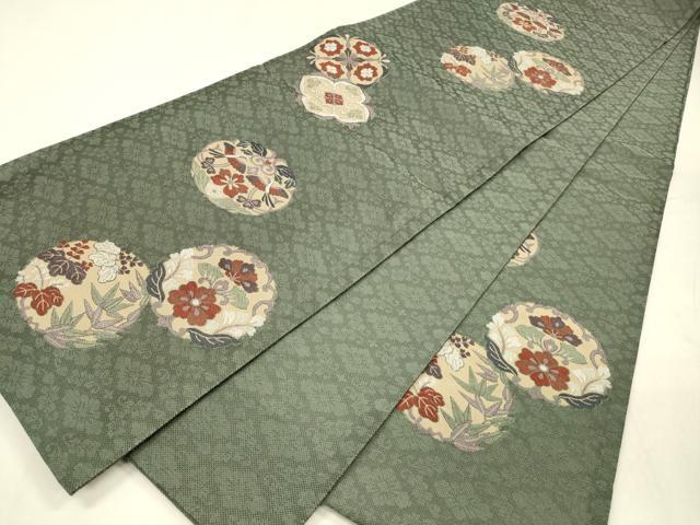 平和屋着物▽六通柄袋帯　スリーシーズン　春夏秋　唐織　向かい鳥草花文　正絹　逸品　DABD6945cm