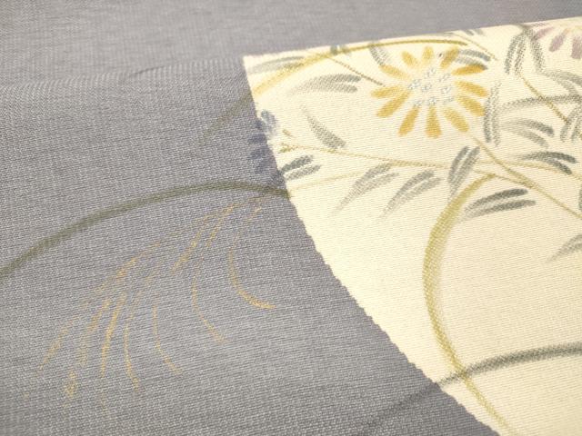 平和屋着物●六通柄袋帯　手描き　紬地　草花文　金銀彩　正絹　逸品　DABD6947cm