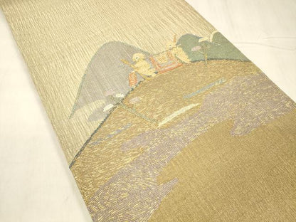 平和屋着物▽六通柄袋帯 スリーシーズン 春夏秋 櫛織 人物風景花文 金糸 正絹 逸品 DABD6950cm