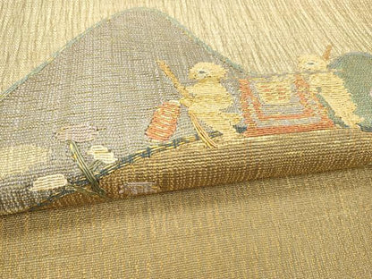 平和屋着物▽六通柄袋帯 スリーシーズン 春夏秋 櫛織 人物風景花文 金糸 正絹 逸品 DABD6950cm