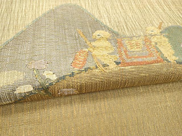 平和屋着物▽六通柄袋帯 スリーシーズン 春夏秋 櫛織 人物風景花文 金糸 正絹 逸品 DABD6950cm