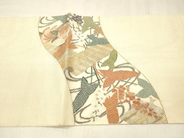 平和屋着物＊夏物 絽綴れ 太鼓柄袋帯 流水鴛鴦花文 金銀糸 正絹 逸品 DABD6952cm