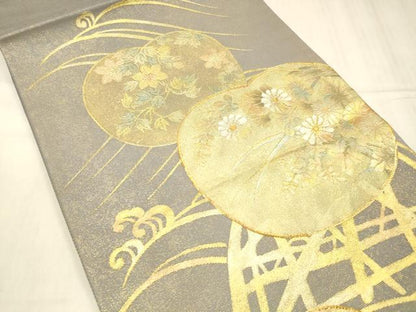 平和屋着物＊夏物 中国三大刺繍 相良刺繍 太鼓柄袋帯 駒刺繍 草花文 金銀彩 正絹 逸品 DABD6953cm