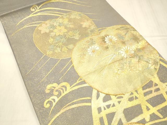 平和屋着物＊夏物 中国三大刺繍 相良刺繍 太鼓柄袋帯 駒刺繍 草花文 金銀彩 正絹 逸品 DABD6953cm