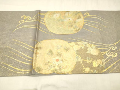 平和屋着物＊夏物 中国三大刺繍 相良刺繍 太鼓柄袋帯 駒刺繍 草花文 金銀彩 正絹 逸品 DABD6953cm
