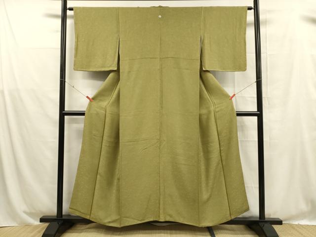 平和屋着物■上質な色無地 飛鶴草花地紋 鶯色 正絹 逸品 DABD6956cm