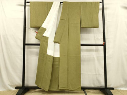 平和屋着物■上質な色無地 飛鶴草花地紋 鶯色 正絹 逸品 DABD6956cm