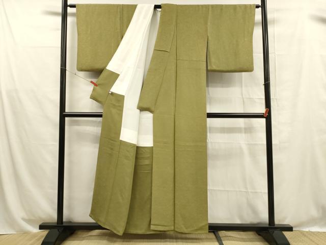 平和屋着物■上質な色無地 飛鶴草花地紋 鶯色 正絹 逸品 DABD6956cm
