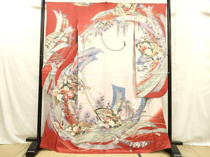 平和屋着物■豪華振袖 刺繍 地紙花鳥文 藤花房 暈し染め 金彩 正絹 逸品 DABD6976cm
