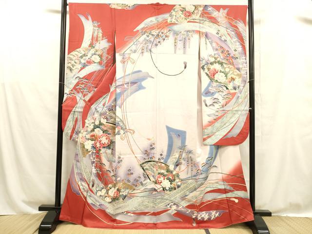平和屋着物■豪華振袖 刺繍 地紙花鳥文 藤花房 暈し染め 金彩 正絹 逸品 DABD6976cm