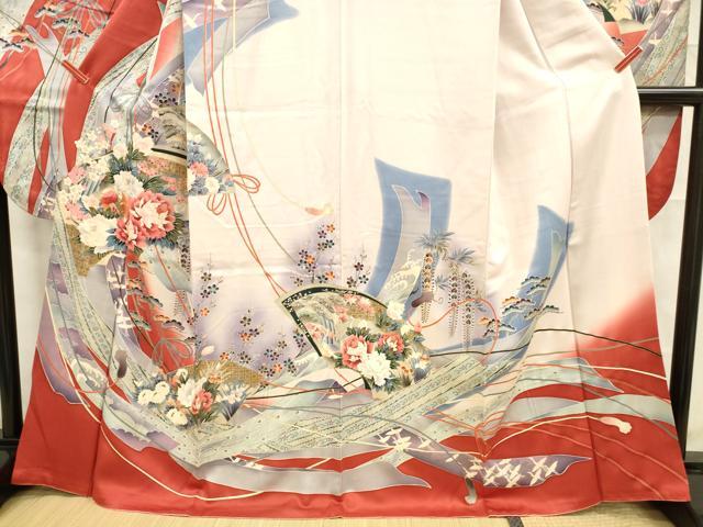 平和屋着物■豪華振袖 刺繍 地紙花鳥文 藤花房 暈し染め 金彩 正絹 逸品 DABD6976cm