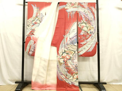 平和屋着物■豪華振袖 刺繍 地紙花鳥文 藤花房 暈し染め 金彩 正絹 逸品 DABD6976cm