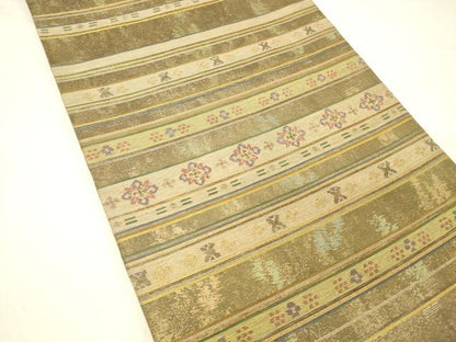 平和屋着物▽太鼓柄袋帯　スリーシーズン　春夏秋　横段花文　金糸　引箔　正絹　逸品　DABD6979cm
