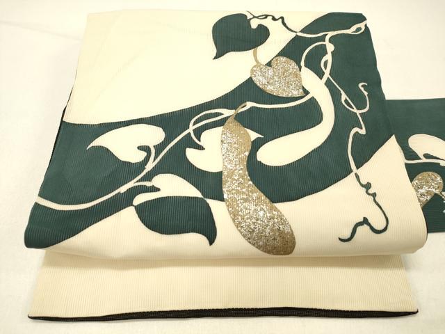 平和屋着物＊夏物 九寸名古屋帯 型染 瓢箪蔦の葉文 銀彩 正絹 逸品 DABD6983cm