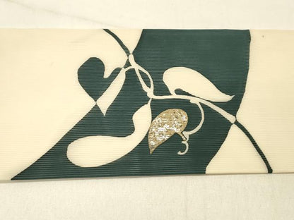 平和屋着物＊夏物 九寸名古屋帯 型染 瓢箪蔦の葉文 銀彩 正絹 逸品 DABD6983cm