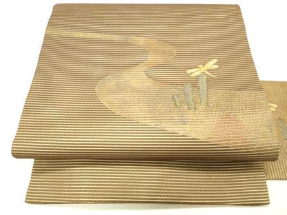 平和屋着物＊夏物 九寸名古屋帯 流水蜻蛉文 金糸 正絹 逸品 DABD6987cm