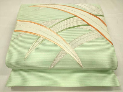 平和屋着物＊夏物 絽綴れ 八寸名古屋帯 刺繍 草葉文 銀糸 正絹 逸品 DABD6990cm