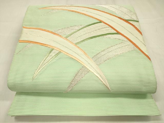 平和屋着物＊夏物 絽綴れ 八寸名古屋帯 刺繍 草葉文 銀糸 正絹 逸品 DABD6990cm