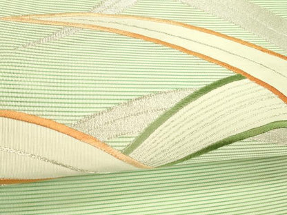 平和屋着物＊夏物 絽綴れ 八寸名古屋帯 刺繍 草葉文 銀糸 正絹 逸品 DABD6990cm