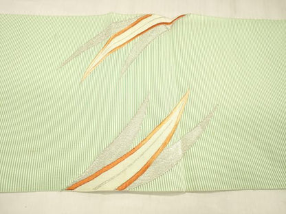 平和屋着物＊夏物 絽綴れ 八寸名古屋帯 刺繍 草葉文 銀糸 正絹 逸品 DABD6990cm