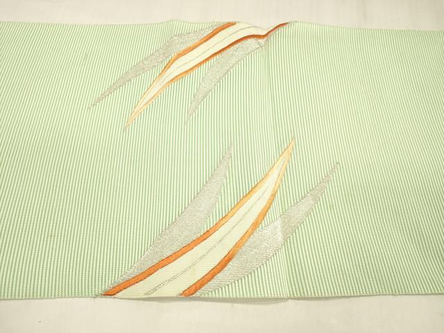 平和屋着物＊夏物 絽綴れ 八寸名古屋帯 刺繍 草葉文 銀糸 正絹 逸品 DABD6990cm