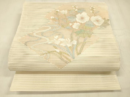 平和屋着物＊夏物 絽綴れ 八寸名古屋帯 流水草花文 金銀糸 正絹 逸品 DABD6999cm