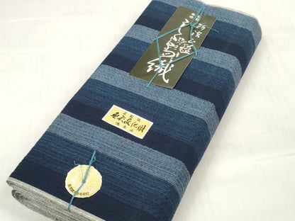 平和屋着物＊夏物 阿波しじら織 浴衣 反物 着尺 正藍染 間道 証紙付き 綿 逸品 未使用 DABD7004zzz