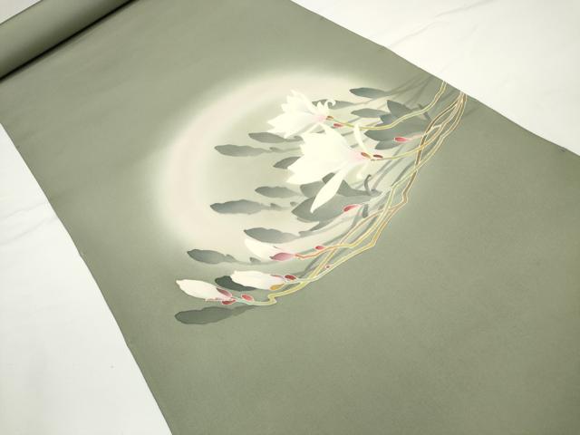 平和屋着物●本加賀友禅作家　浜上雄一　塩瀬　名古屋帯　帯反物　五泉　白木蓮　逸品　未使用　DABD7191zzz