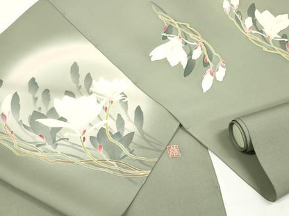 平和屋着物●本加賀友禅作家　浜上雄一　塩瀬　名古屋帯　帯反物　五泉　白木蓮　逸品　未使用　DABD7191zzz