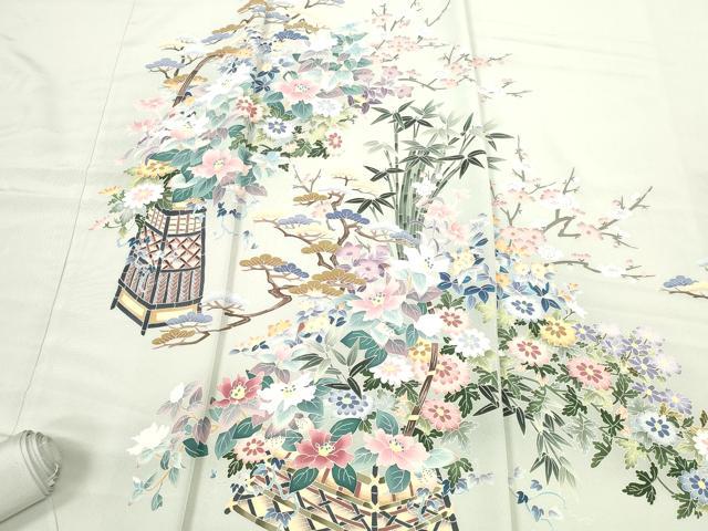 平和屋着物●本加賀友禅作家　染元千紅代表　寺西一紘　付下げ　解き反物　着尺　八掛付き　花籠文　証紙付き　逸品　未使用　DABD7201zzz