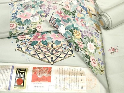 平和屋着物●本加賀友禅作家　染元千紅代表　寺西一紘　付下げ　解き反物　着尺　八掛付き　花籠文　証紙付き　逸品　未使用　DABD7201zzz