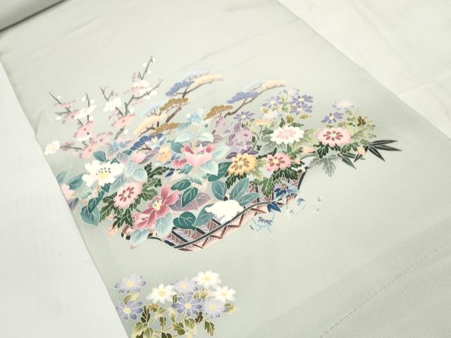 平和屋着物●本加賀友禅作家　染元千紅代表　寺西一紘　付下げ　解き反物　着尺　八掛付き　花籠文　証紙付き　逸品　未使用　DABD7201zzz