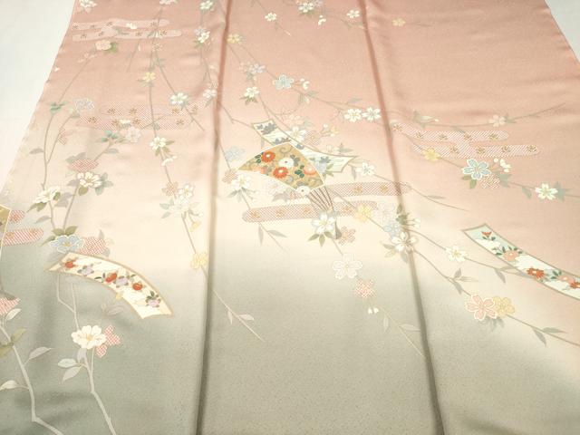 平和屋着物▼付下げ 解き反物 着尺 八掛付き 霞扇面枝垂れ花文 金彩 逸品 DABD7217zzz