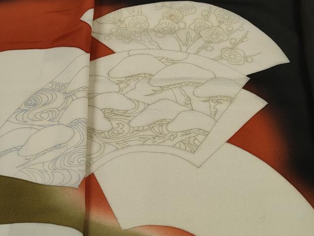 平和屋着物▼黒留袖　反物　着尺　裁断済　色付前　地紙松梅楓文　逸品　未使用　DABD7342zzz