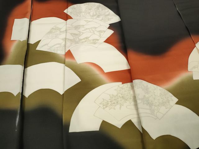 平和屋着物▼黒留袖 反物 着尺 裁断済 色付前 地紙松梅楓文 逸品 未使用 DABD7346zzz
