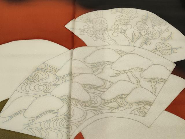 平和屋着物▼黒留袖 反物 着尺 裁断済 色付前 地紙松梅楓文 逸品 未使用 DABD7346zzz