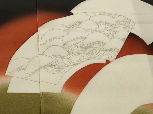 平和屋着物▼黒留袖 反物 着尺 裁断済 色付前 地紙松梅楓文 逸品 未使用 DABD7346zzz